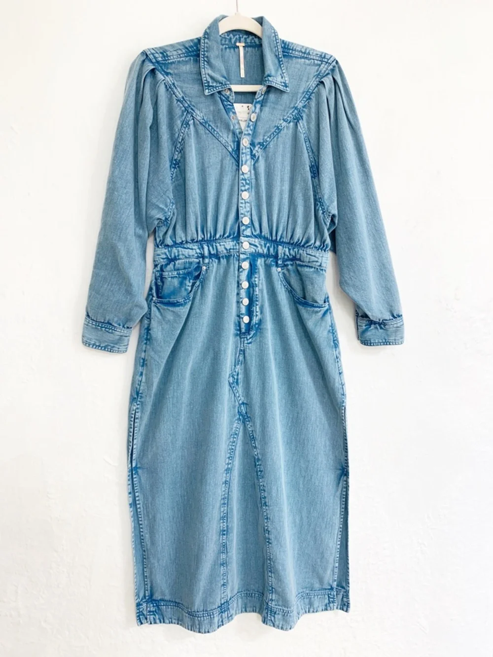 Free People Mad Love Denim Midi Shirt Dress in Skyfall Sz Large